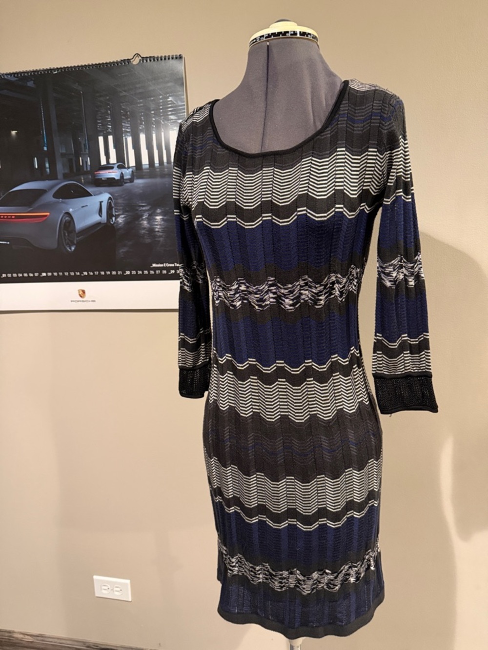Laundry By Shelli Segal Blue Black White Zigzag Knit Dress